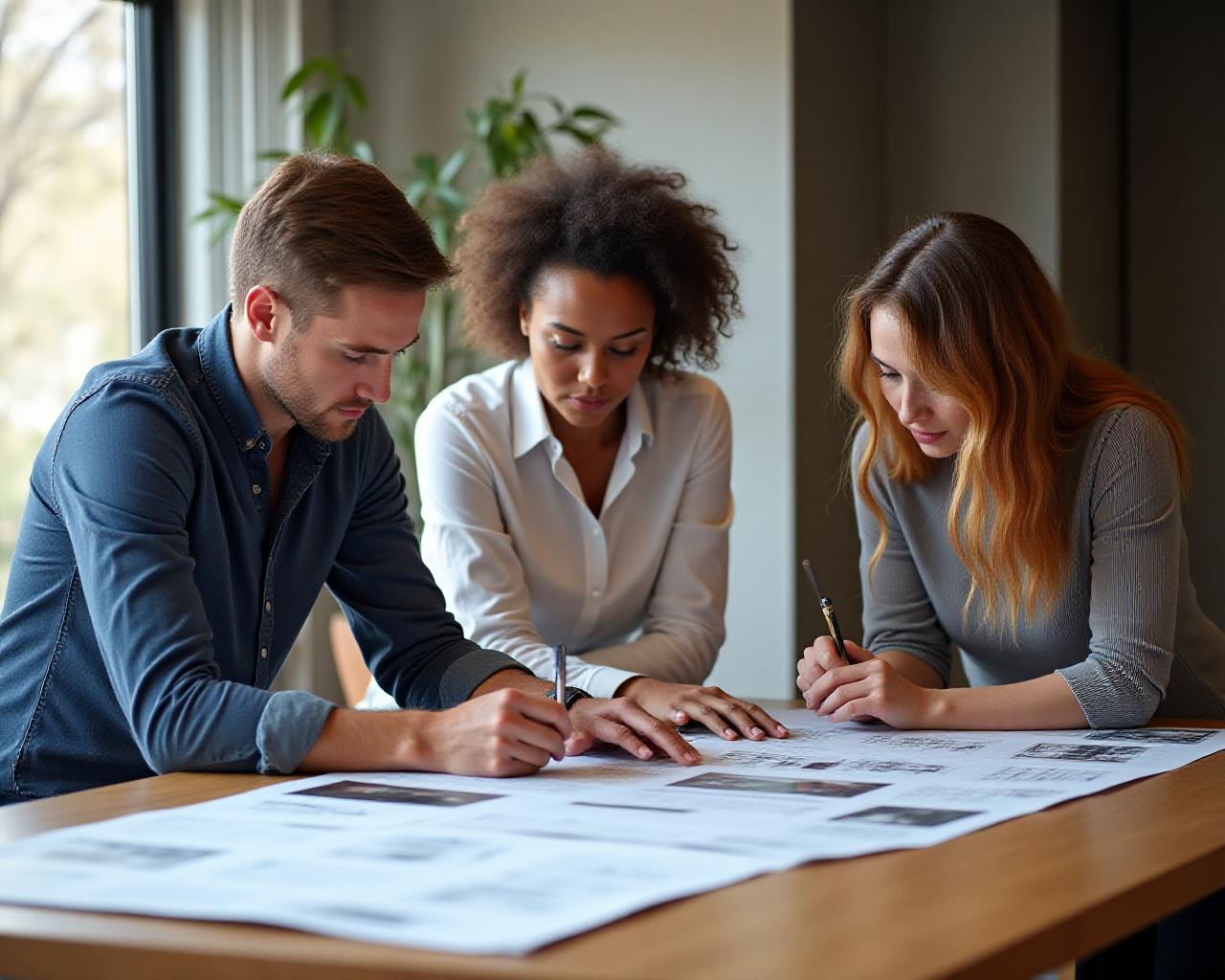 Consultants and curators discussing project blueprints in a minimalist office